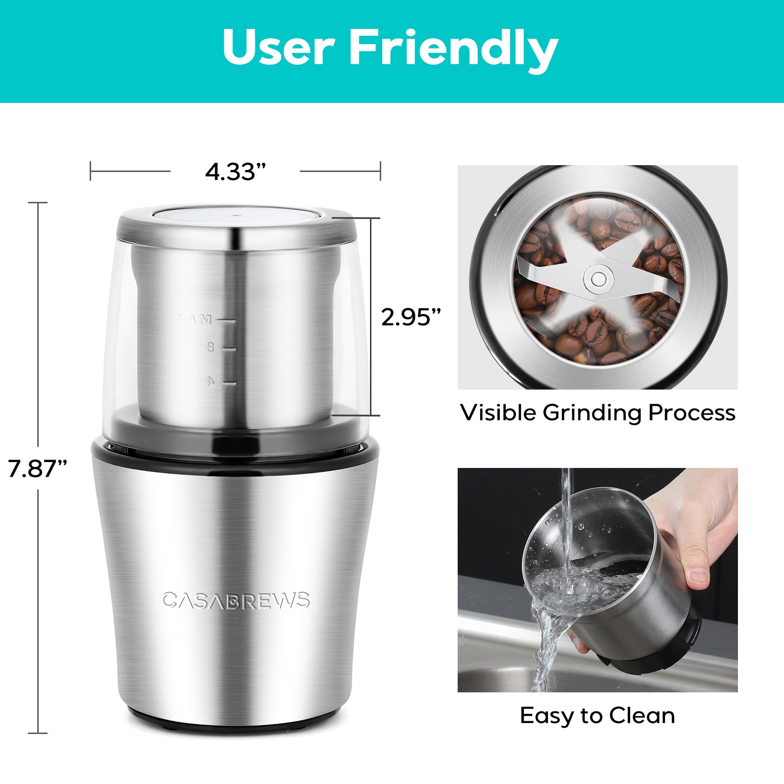 CASABREWS Electric Coffee Grinder One Touch Operation ,Silver