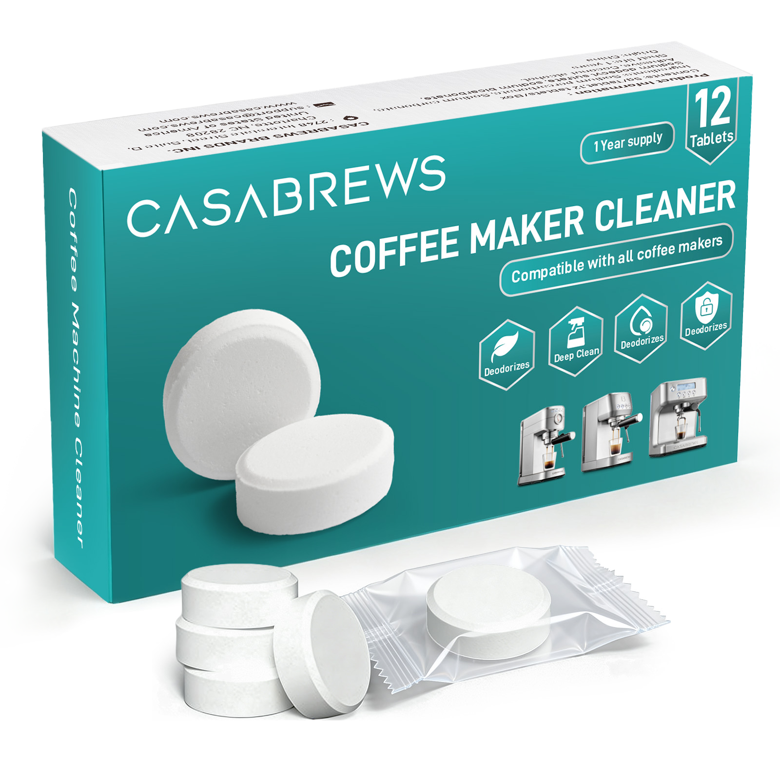 CASABREWS coffee maker cleaner and descaler tablets in retail packaging
