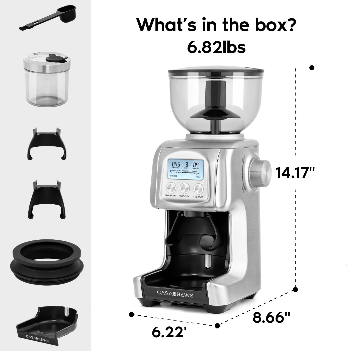 CASABREWS KWG-250H Electric Coffee Grinder with 77 Precise Grind Settings, LCD Display and Conical Burr Precision